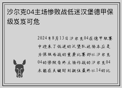 沙尔克04主场惨败战低迷汉堡德甲保级岌岌可危
